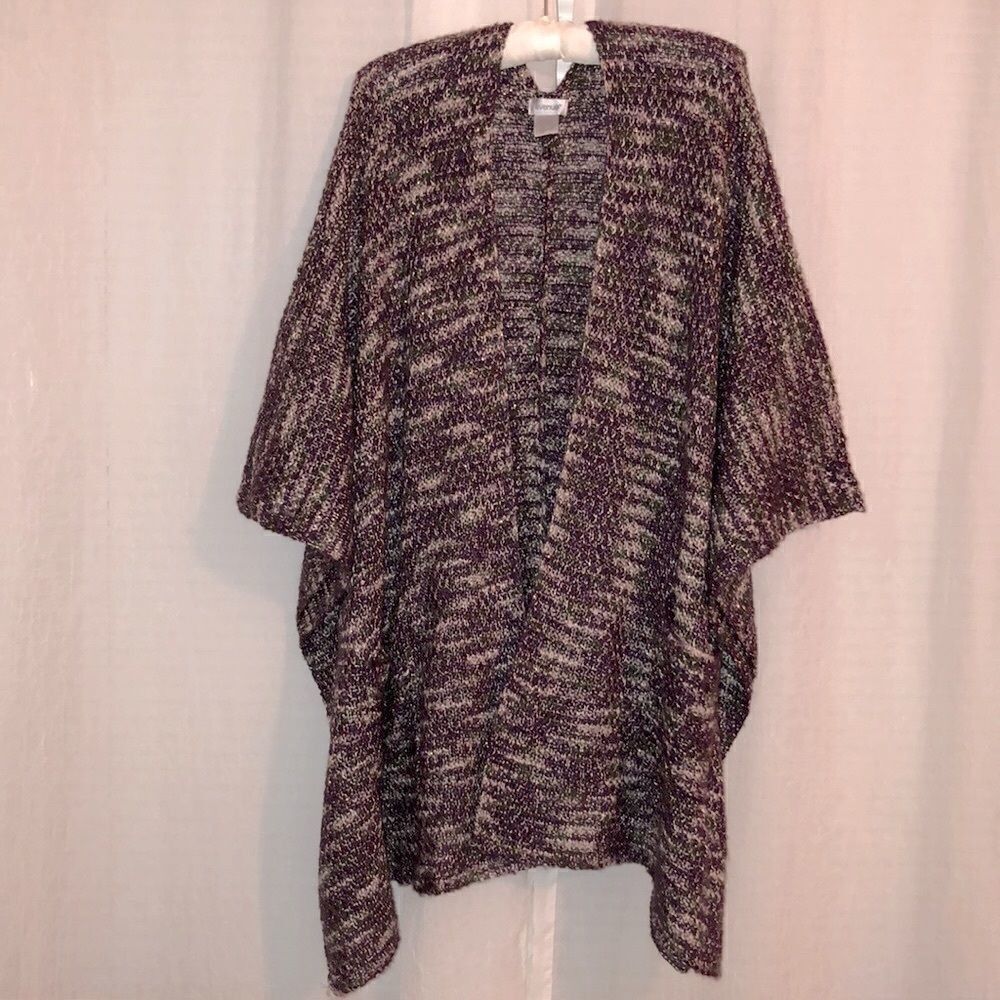Avenue 1X-3X Knit Poncho Sweater with Patch Pockets in Purple Green Ivory